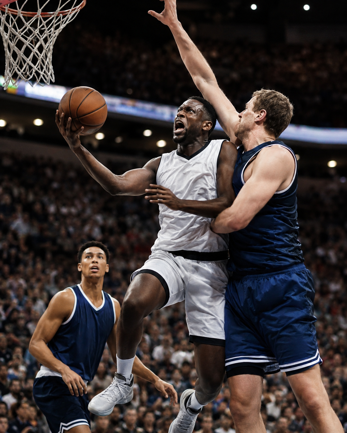 Basketball player competing under arena lights